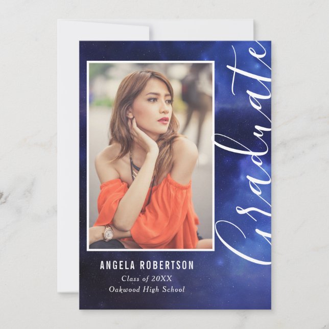 Graduation Blue Nebula Space Stylish Modern Photo (Front)