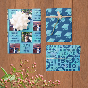 Graduation Blue Opal Trendy Assortment Photo Wrapping Paper Sheet