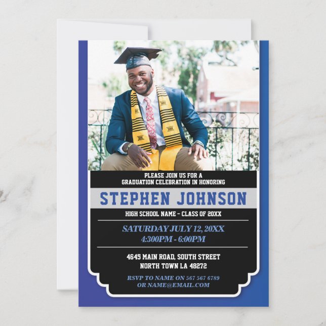 Graduation Blue Silver Party Photo Grad Invite (Front)