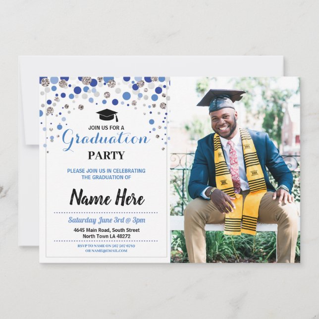 Graduation Blue Silver Party Polka Dot Photo Invitation (Front)