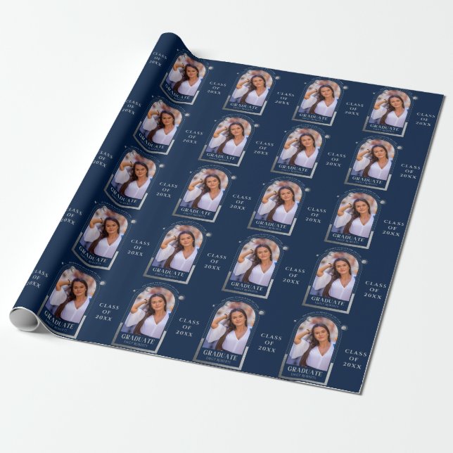 Graduation Blue Silver Sun Moon Stars Grad Photo Wrapping Paper (Unrolled)