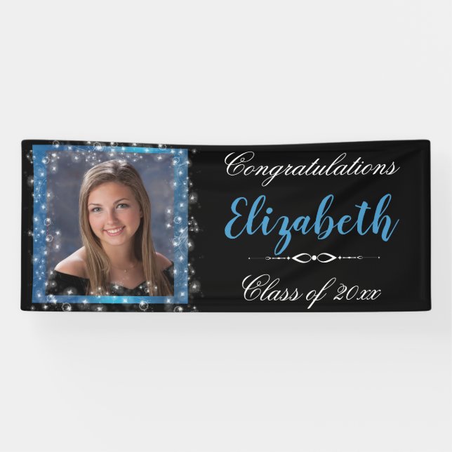 Graduation, Blue Sparkling Glitter, Custom Photo Banner (Horizontal)