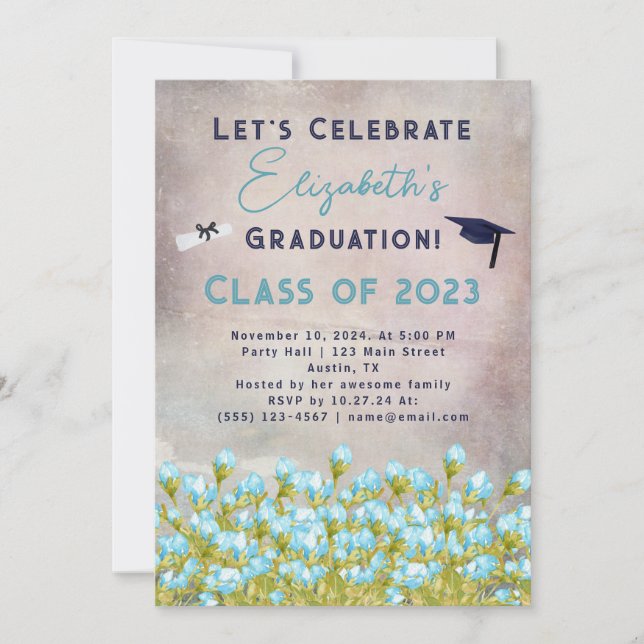 Graduation Blue Watercolor Flowers Celebration Invitation (Front)