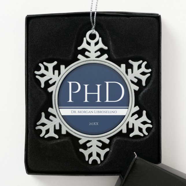 Graduation Blue White Name Year PhD Snowflake Pewter Christmas Ornament (Box)