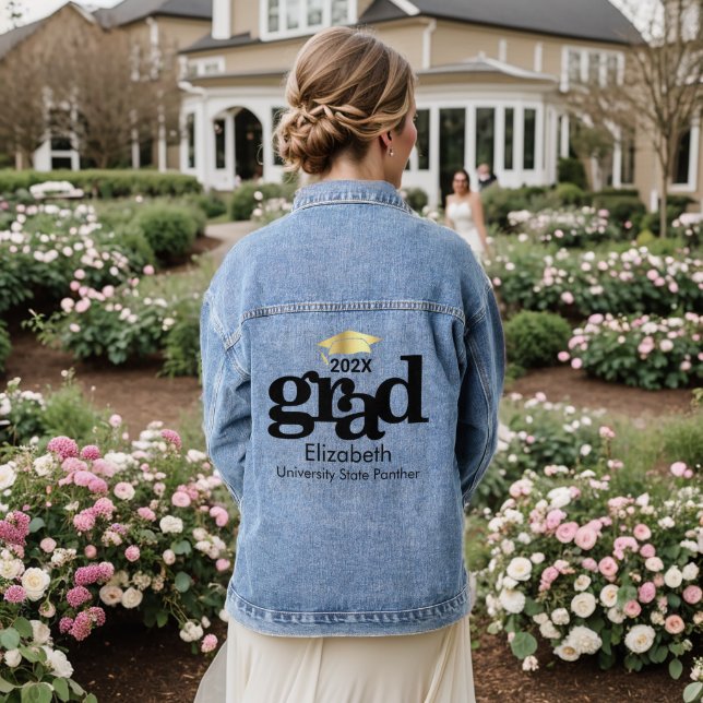 Graduation Bold Black Typography Gold Cap Monogram Denim Jacket (Wedding Back)