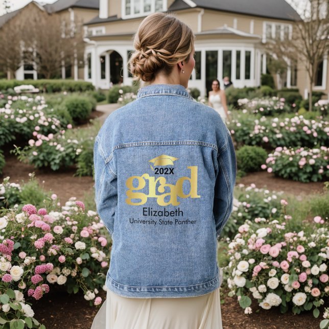 Graduation Bold Gold Foil Typography Cap Your Name Denim Jacket (Wedding Back)