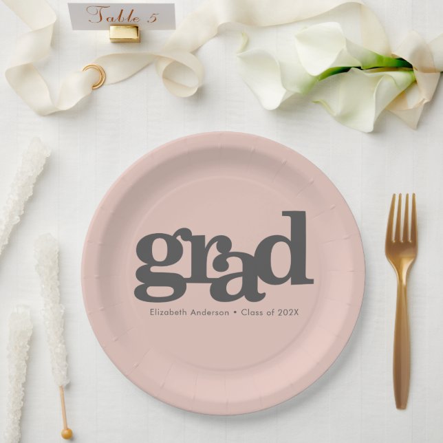 Graduation bold grey typography blush pink paper plate (Wedding)