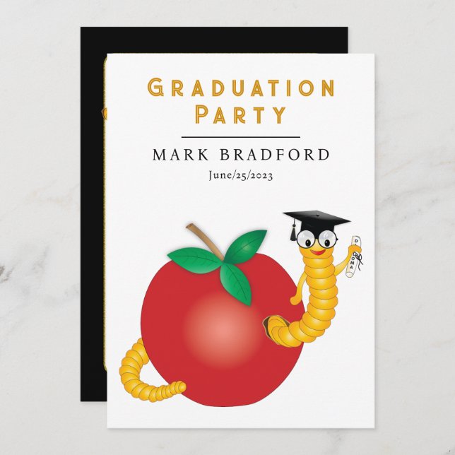 Graduation Bookworm With Graduation Cap Diploma Invitation (Front/Back)