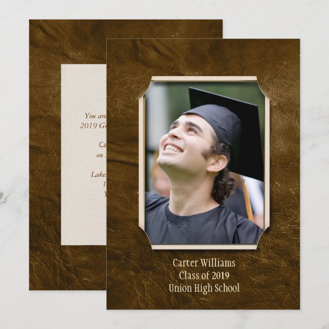 Graduation Brown Leather photo frame Invitation (Front/Back)