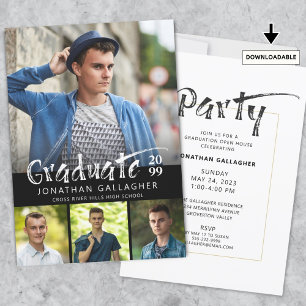 Graduation Brush Print Photo Collage Black Invitation