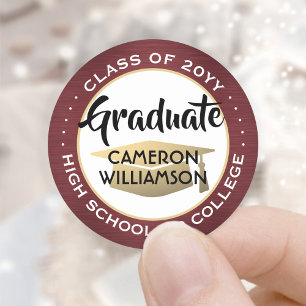 Graduation Brushed Burgundy, White & Gold Elegant Classic Round Sticker