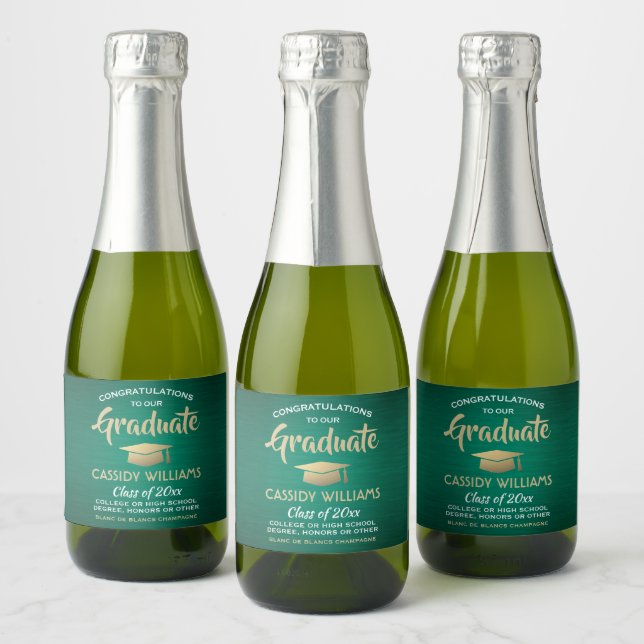 Graduation Brushed Green Gold and White Mini Split Sparkling Wine Label (Bottles)