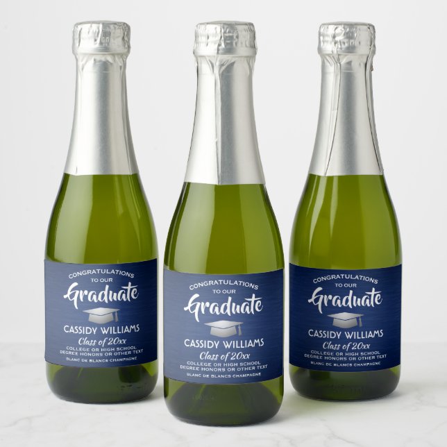 Graduation Brushed Navy Blue and White Mini Split Sparkling Wine Label (Bottles)