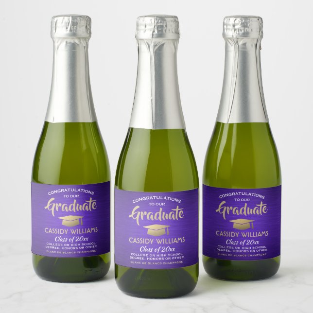 Graduation Brushed Purple Gold & White Mini Split Sparkling Wine Label (Bottles)