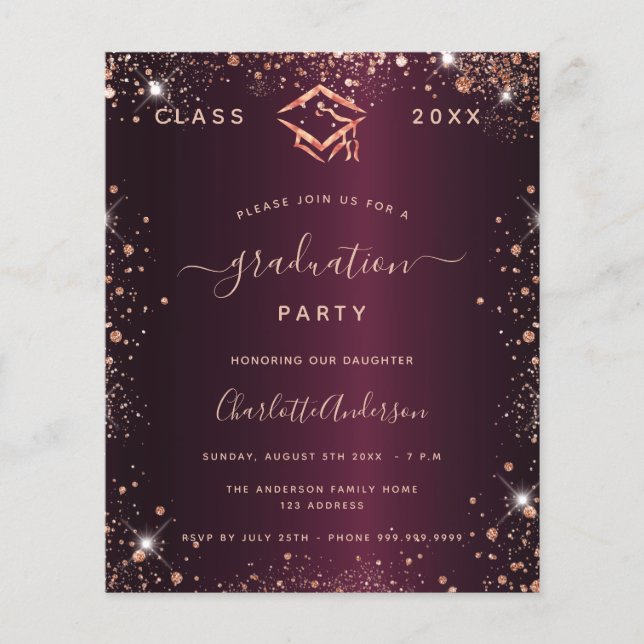 Graduation burgundy glitter budget invitation flyer (Front)