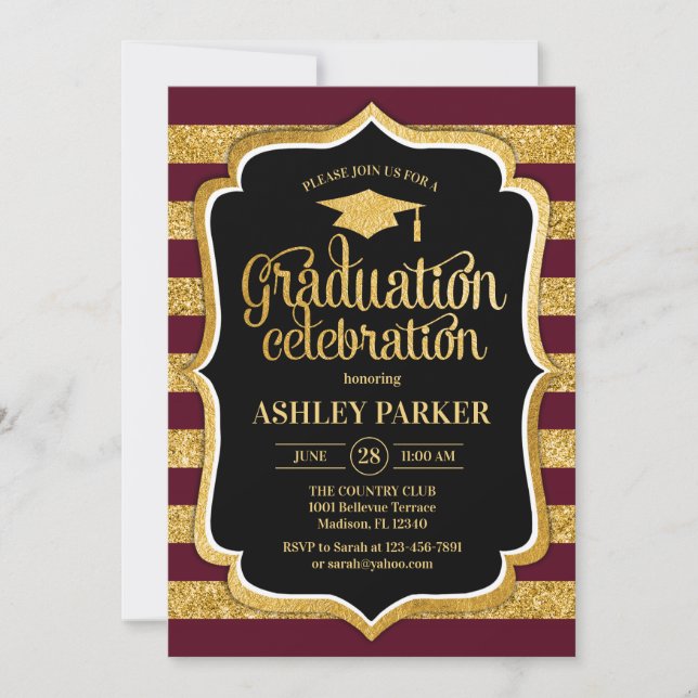Graduation - Burgundy Gold Black Invitation (Front)