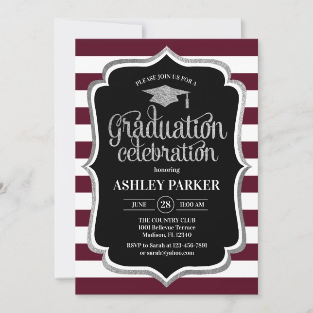 Graduation - Burgundy Silver Black White Invitation (Front)