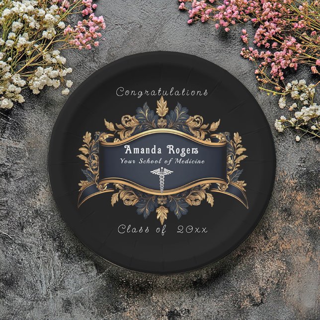 Graduation Caduceus Elegant Black Gold White Paper Plate (Creator Uploaded)