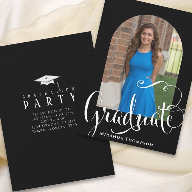 Graduation Calligraphy Script Custom Photo Invitation (Graduation announcement invitation with arch photo template.)