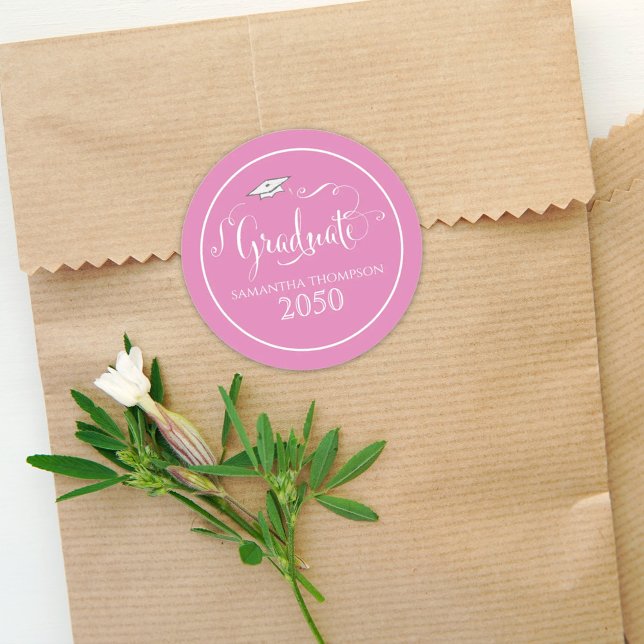 Graduation Calligraphy Script Elegant Pink Cap Classic Round Sticker (Creator Uploaded)