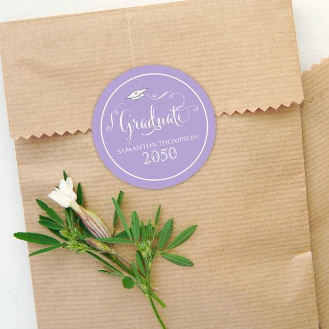 Graduation Calligraphy Script Elegant Purple Cap  Classic Round Sticker (Creator Uploaded)