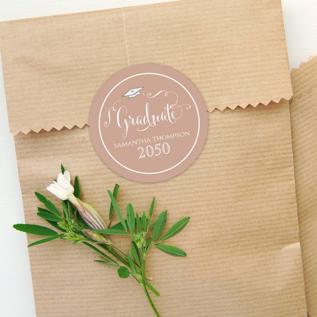 Graduation Calligraphy Script Elegant Tan Cap Classic Round Sticker (Creator Uploaded)