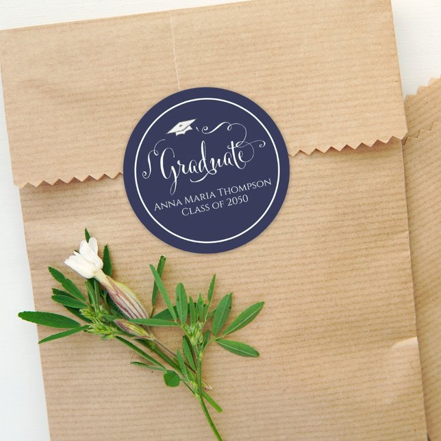 Graduation Calligraphy Script Simple Navy Blue Classic Round Sticker (Creator Uploaded)
