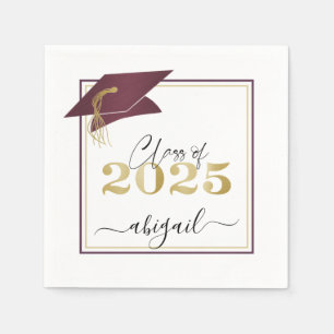 Graduation Cap 2025 Metallic Gold Maroon Script Napkin