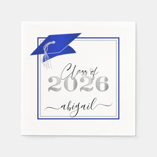 Graduation Cap 2025 Metallic Royal Blue Script Napkin (Front)