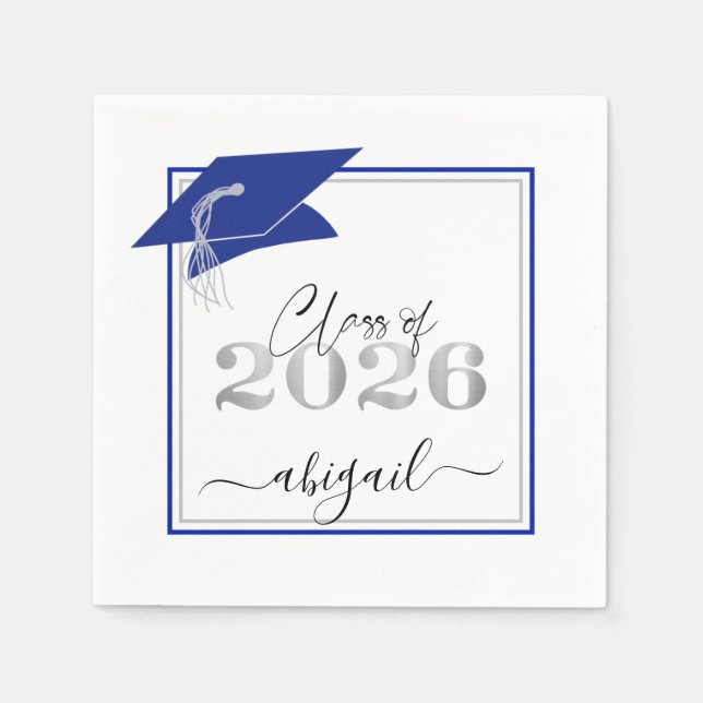 Graduation Cap 2026 Royal Blue Silver Script Napkin (Front)