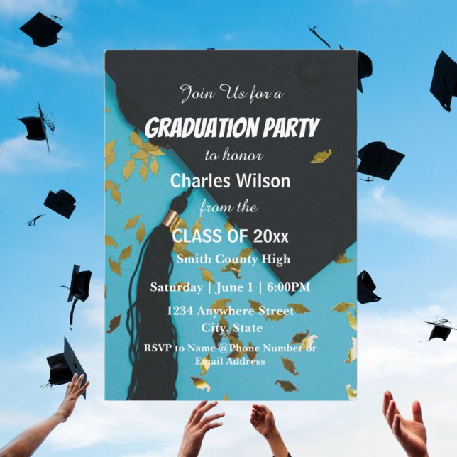 Graduation Cap and Confetti Graduation Party Invitation (In Situ)