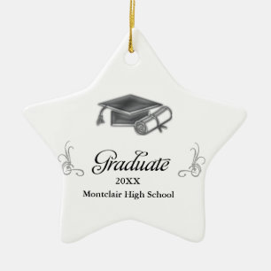 Graduation Cap and Diploma Black & Silver 3D Look Ceramic Tree Decoration