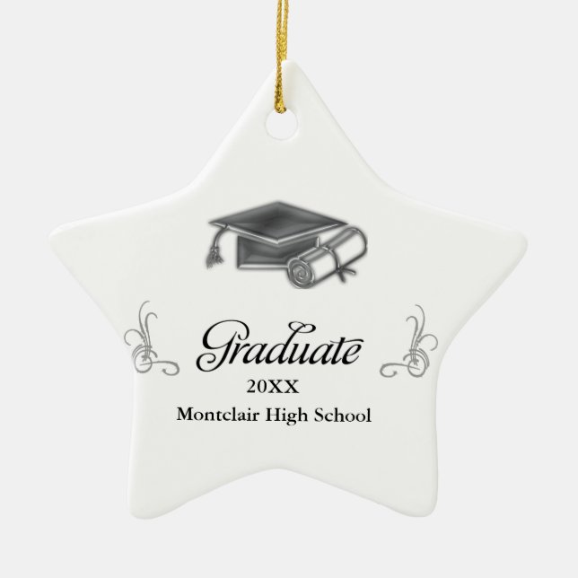Graduation Cap and Diploma Black & Silver 3D Look Ceramic Tree Decoration (Front)