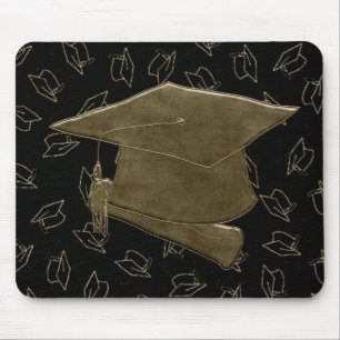 Graduation Cap and Diploma Mouse Pad, Brown, Black Mat