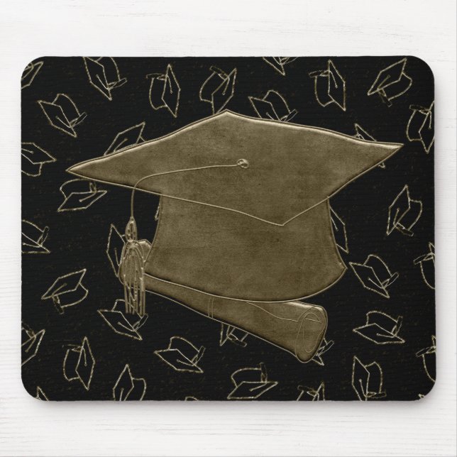 Graduation Cap and Diploma Mouse Pad, Brown, Black Mat (Front)