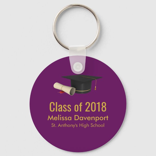 Graduation Cap and Diploma on Purple Class of 20XX Key Ring (Front)