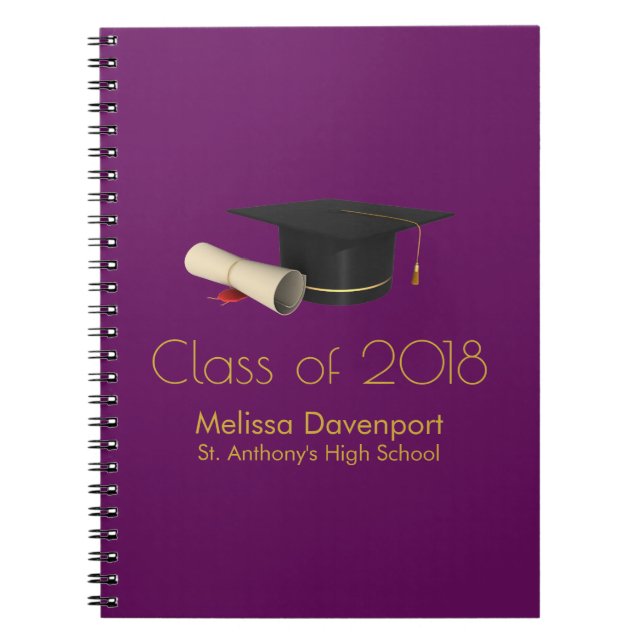 Graduation Cap and Diploma on Purple Class of 20XX Notebook (Front)