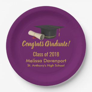 Graduation Cap and Diploma on Purple Class of 20XX Paper Plate