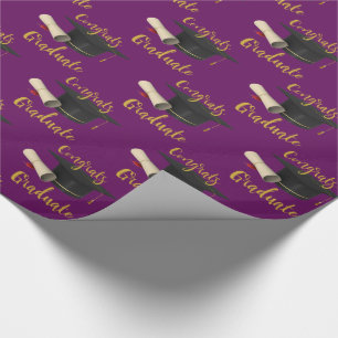 Graduation Cap and Diploma on Purple Congrats Wrapping Paper