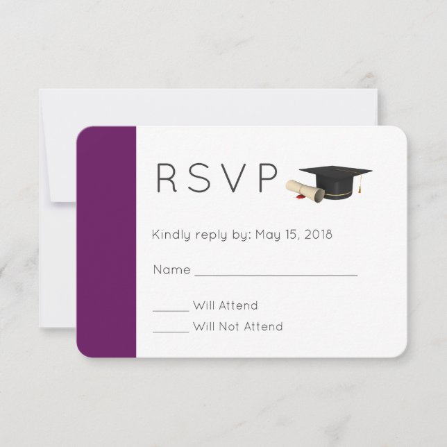 Graduation Cap and Diploma on Purple  RSVP Invitation (Front)