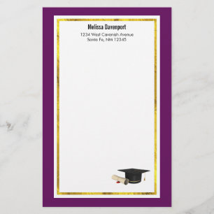 Graduation Cap and Diploma on Purple Stationery