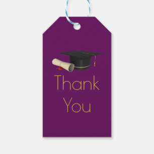 Graduation Cap and Diploma on Purple Thank You Gift Tags