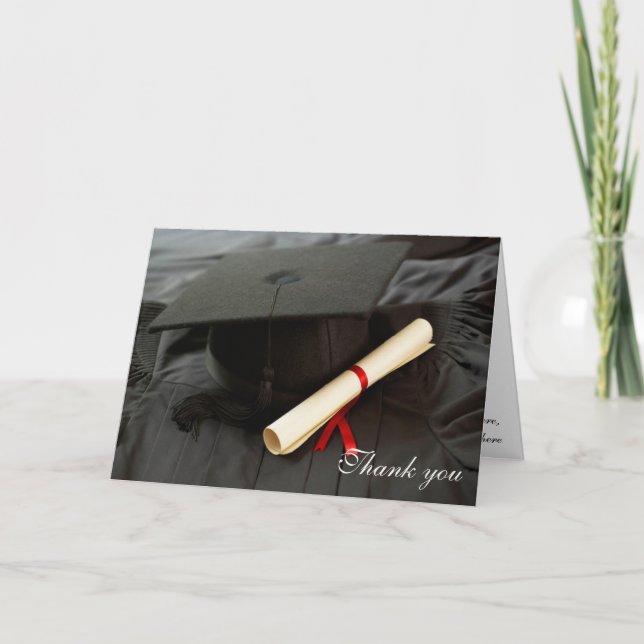 Graduation cap and gown thank you greeting card (Front)