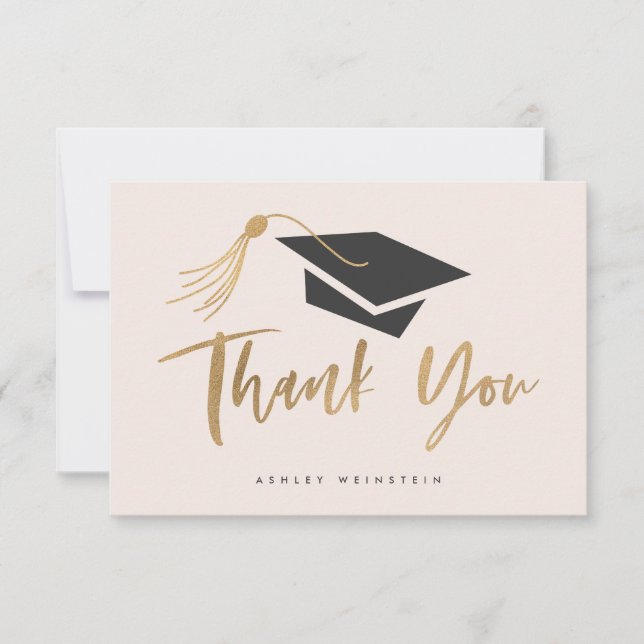 Graduation Cap and Tassel Gold Foil Blush Pink Thank You Card (Front)