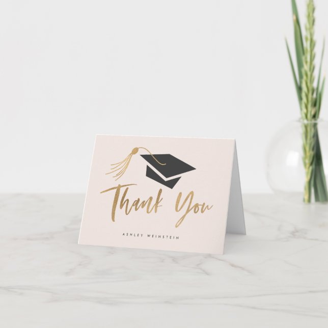 Graduation Cap and Tassel Gold Foil Blush Pink Thank You Card (Front)