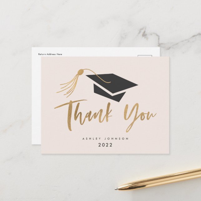 Graduation Cap and Tassel Gold Foil Blush Postcard (Front/Back In Situ)