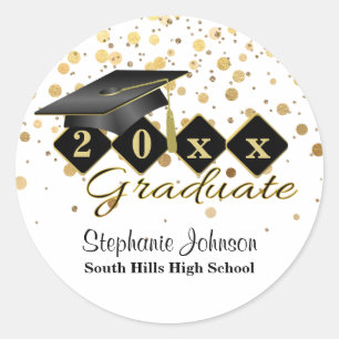 Graduation Cap Black Gold Personalised Classic Round Sticker