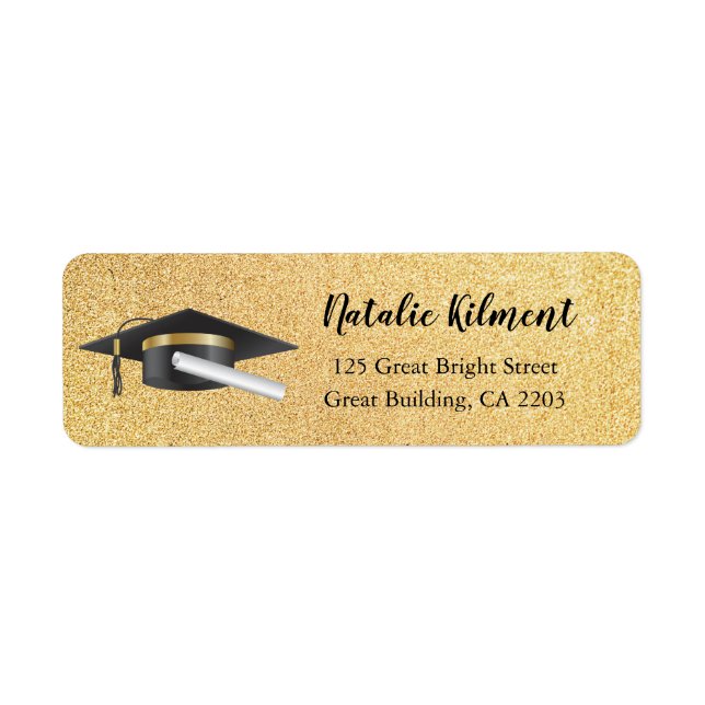 Graduation Cap Black & Gold Script Return Address (Front)
