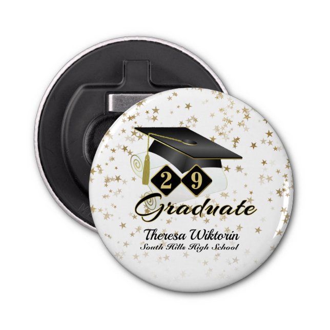 Graduation Cap Black Gold Stars Personalised Bottle Opener (Front)