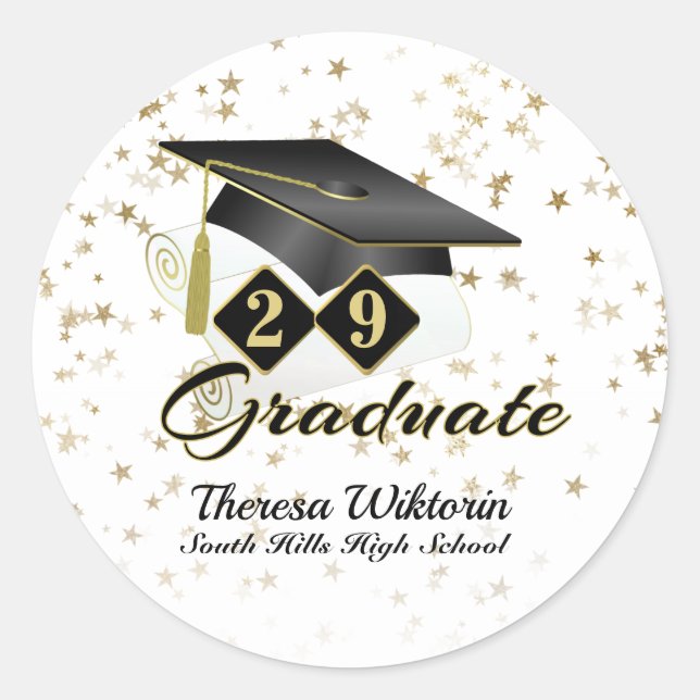 Graduation Cap Black Gold Stars Personalised Classic Round Sticker (Front)